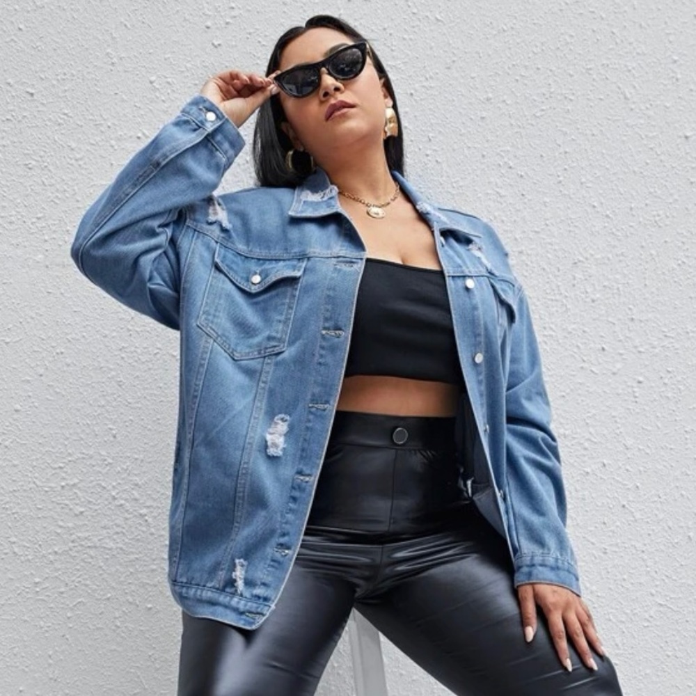 SHEIN Plus Size Ripped Raw Hem Denim Jacket